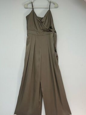 Sleeveless Wrap-Front Satin Jumpsuit in Taupe